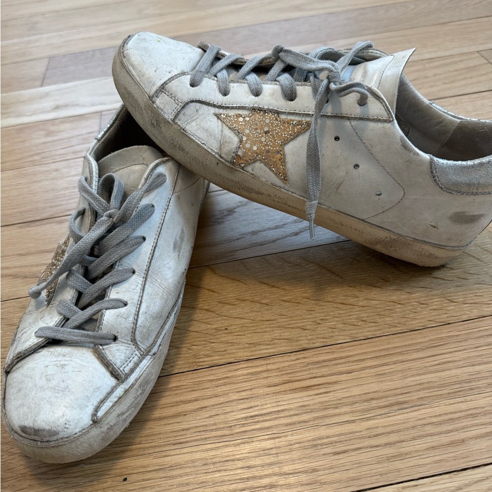 Golden Goose Distressed White and Gold Star Sneakers Size 39